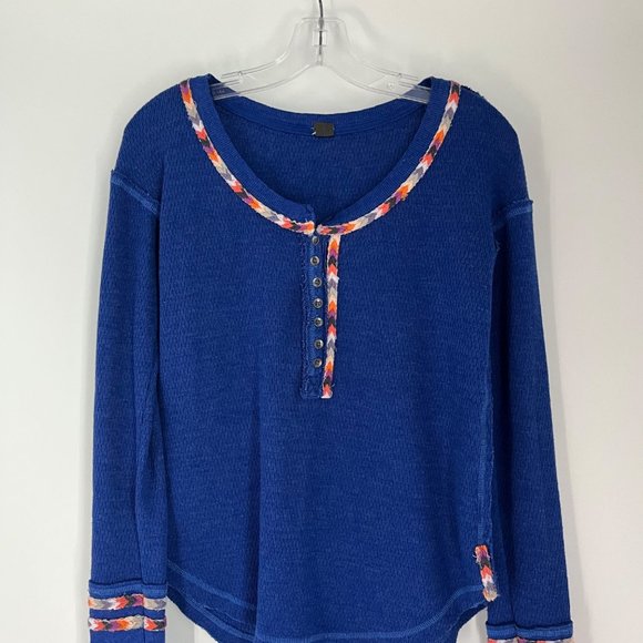Free People Rainbow Blue Long Sleeve Drop Shoulder Thermal Henley Top Small - Picture 3 of 11
